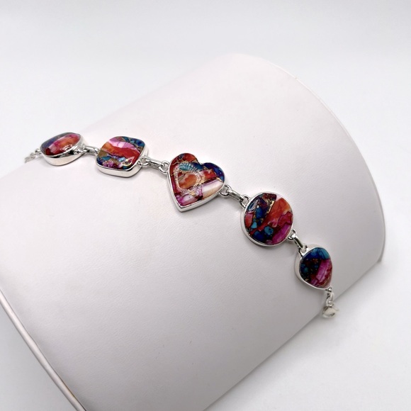 Pink Oyster Turquoise .925 Sterling Silver Bracelet - Picture 7 of 17